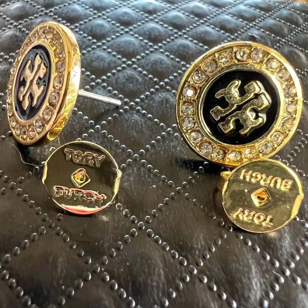 Tory Burch Black and Gold Crystal Stud Earrings